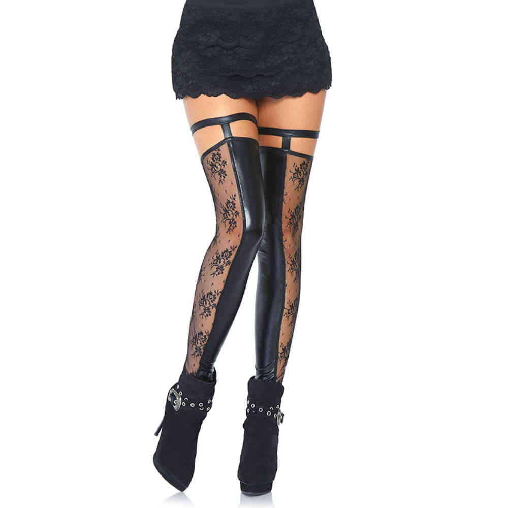 Leg Avenue - Wet Look Lace Bas sans pieds - Noir